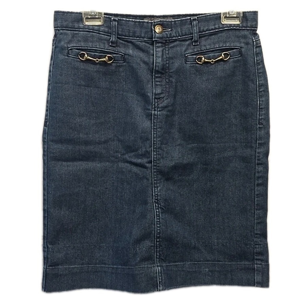 George Dark Wash Denim Pencil Skirt Horsebit‎ Detail Knee Length Modest Size 4